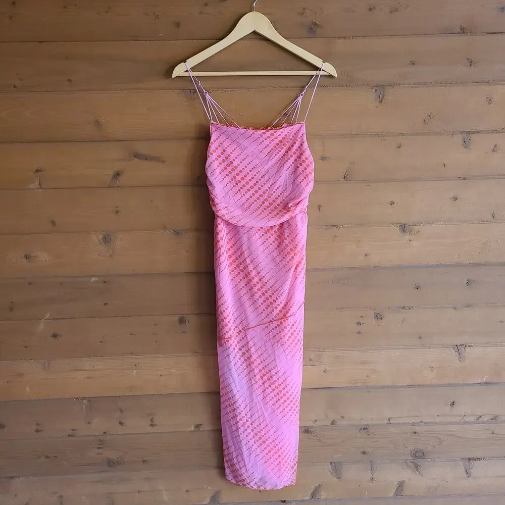 Urban Outfitters Dress Y2K Pink Wild Side Draped Feminine Strappy Midi Med Boho - Picture 3 of 5